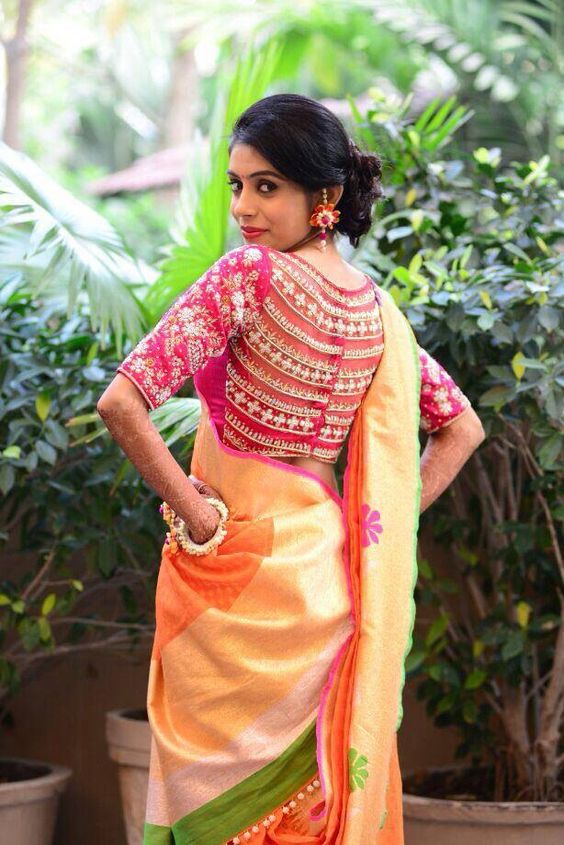White thread work blouse back design