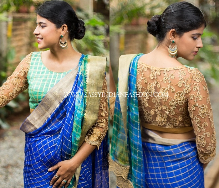 Gold Net flower embroidery back blouse design