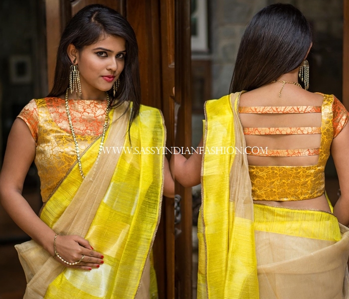 Yellow with orange designer blouse design