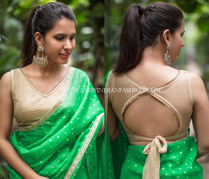 Golden bow simple pattu saree blouse