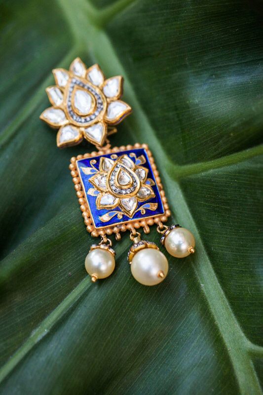 White kundan Ear Ring with royal blue