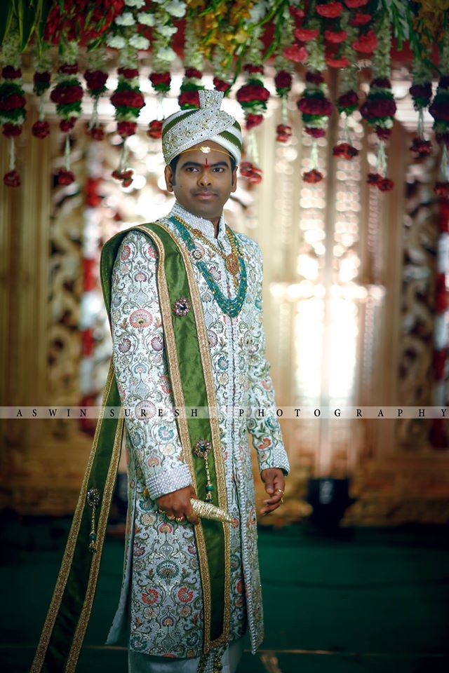 White Embroidery sherwani with green shall