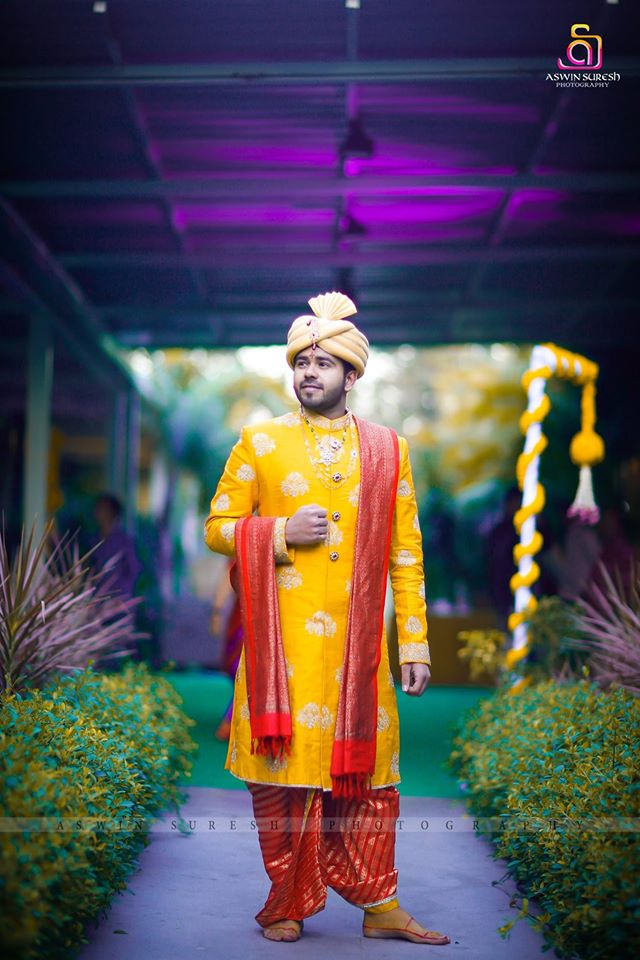 yellow Sherwani with red shall 