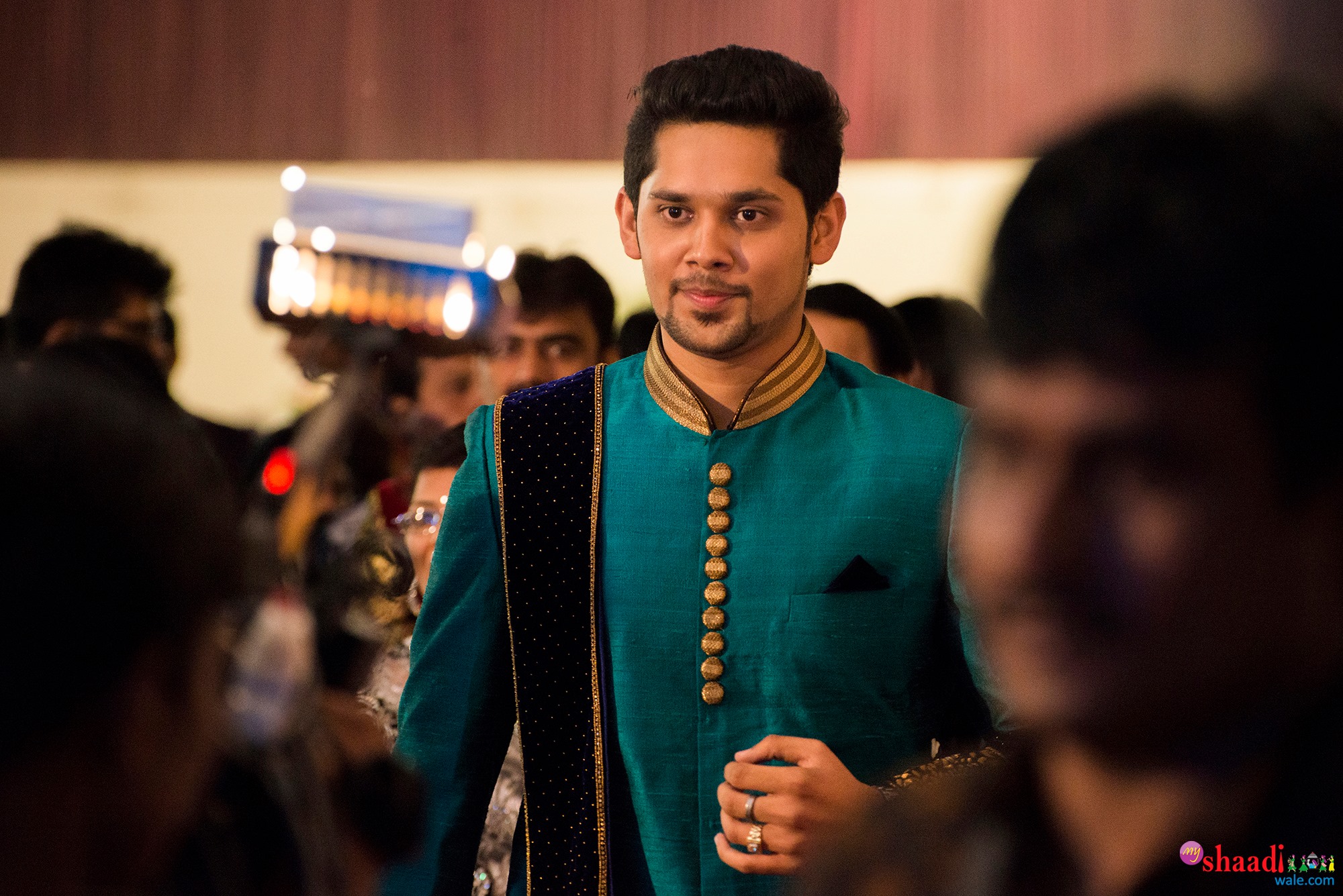 Plain green sherwani with Velvet royal Blue shall