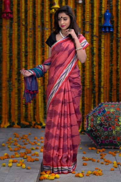 pink with purple ikkat saree