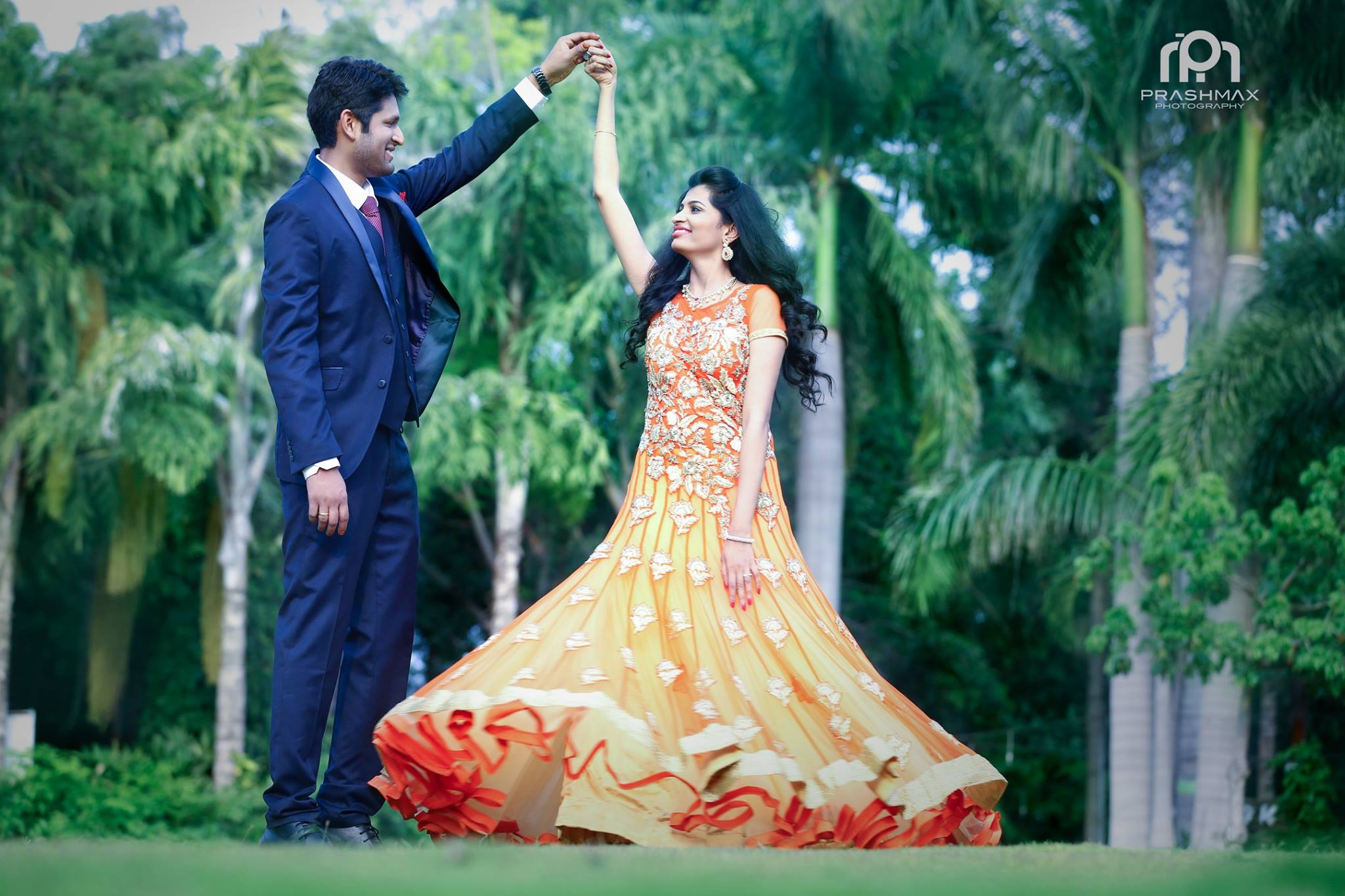 Orange with Silver Work Bridal Gown