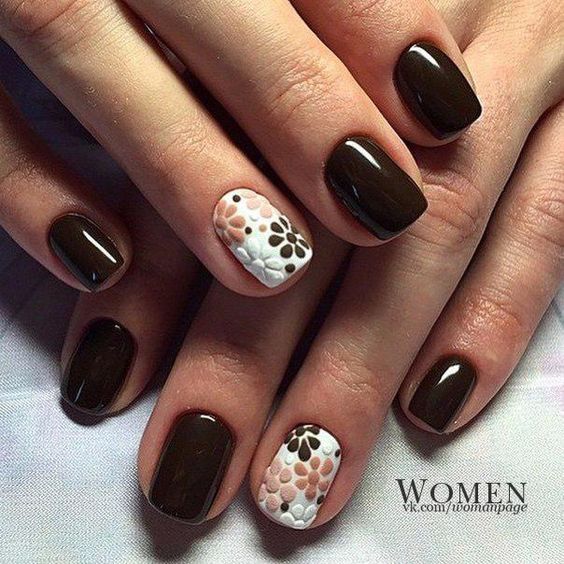 Brown with White Flower Nail Art