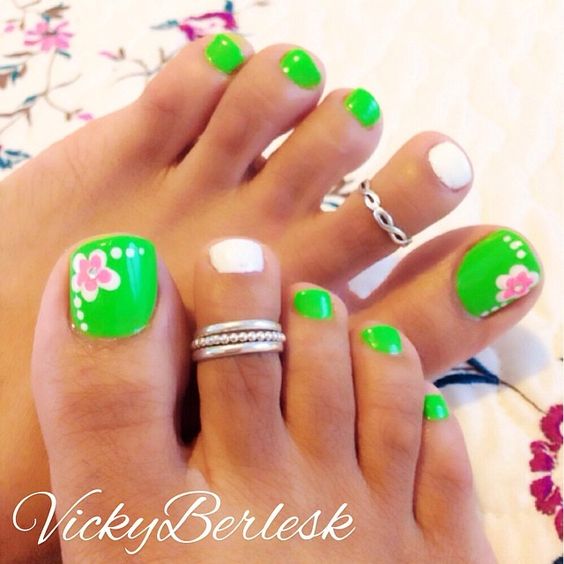 Neon Green Floweral Nail Art