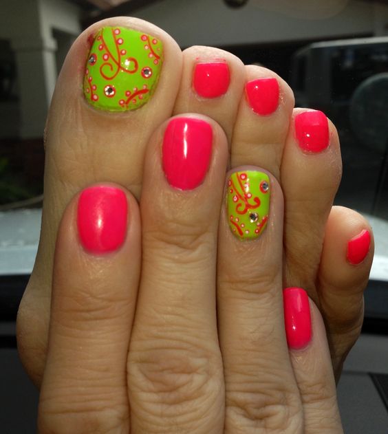 Neon Green with Orange Nail Art