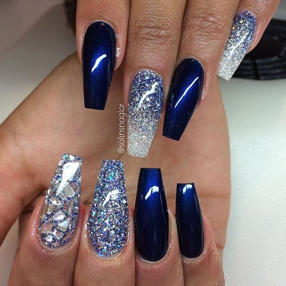 White Royal Blue Glittering Nail Art