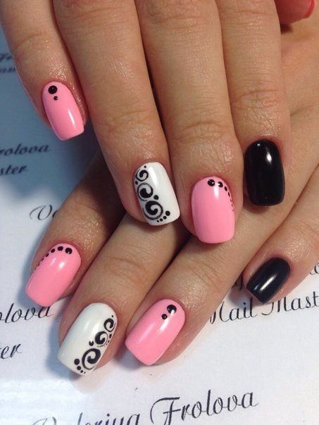 Pink White and Black Nail Art