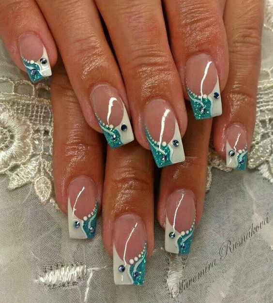 Blue Stone with White Colour Nail Art