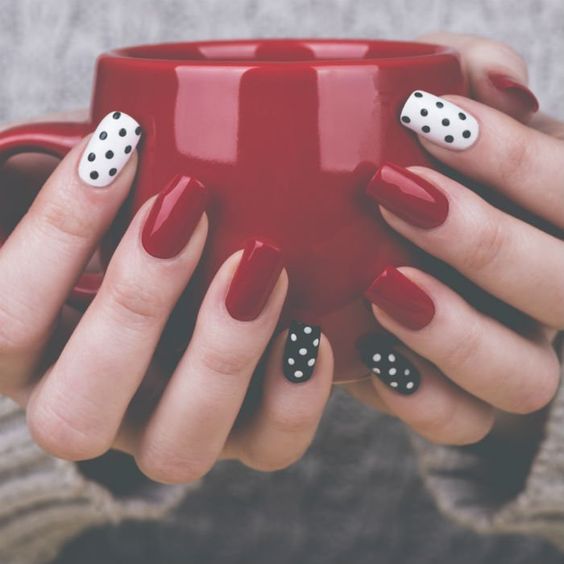 Polki Dots Red and White Nail Art