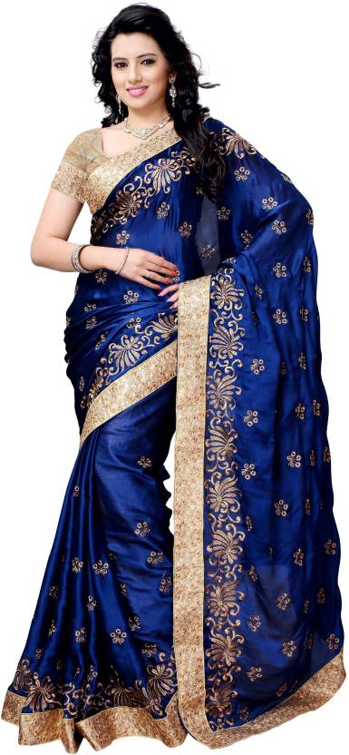 Embroidered Fashion Satin Sari  (Blue)