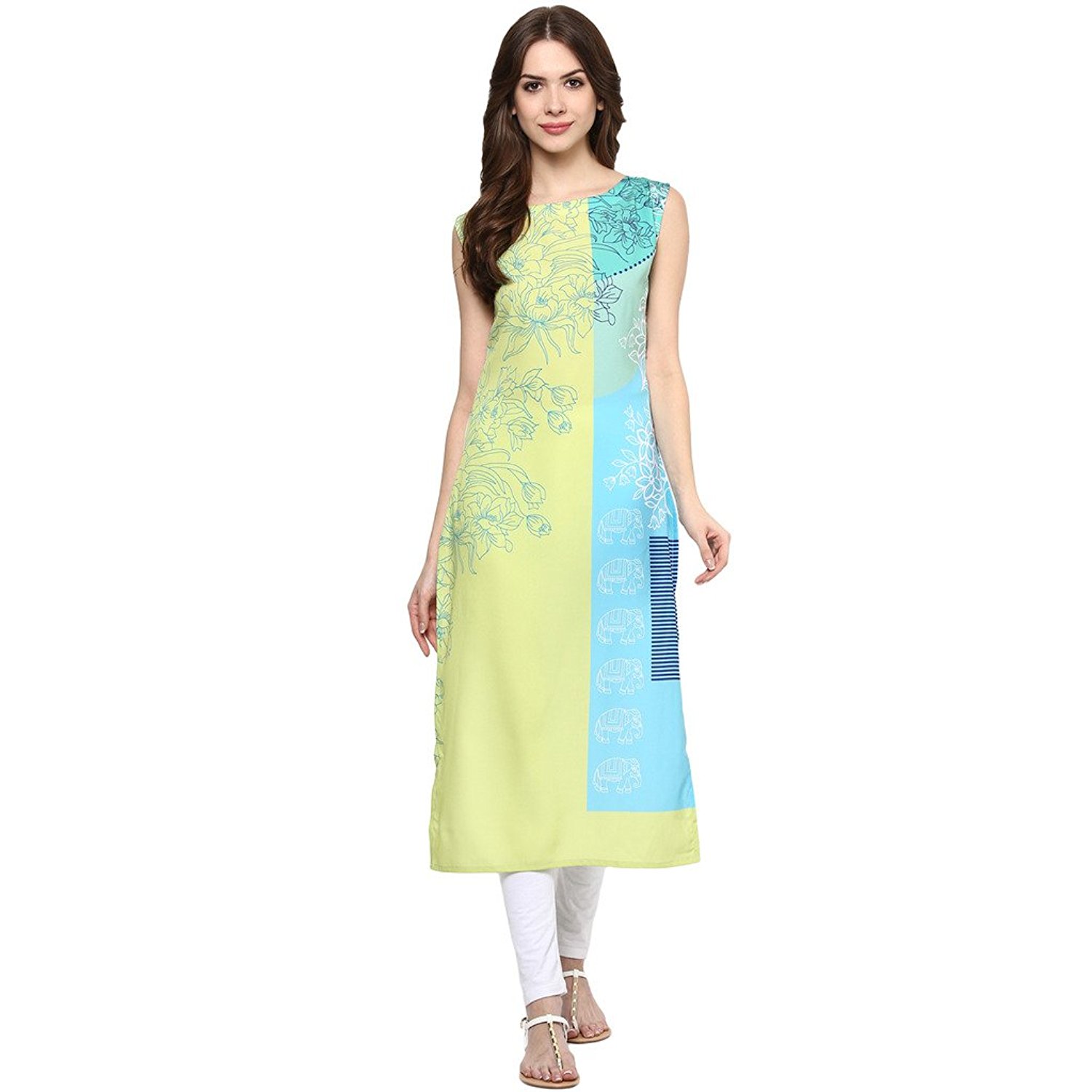 Ziyaa Multicoloured Boat Neck Sleeveless Faux Crepe Digital Print Kurti